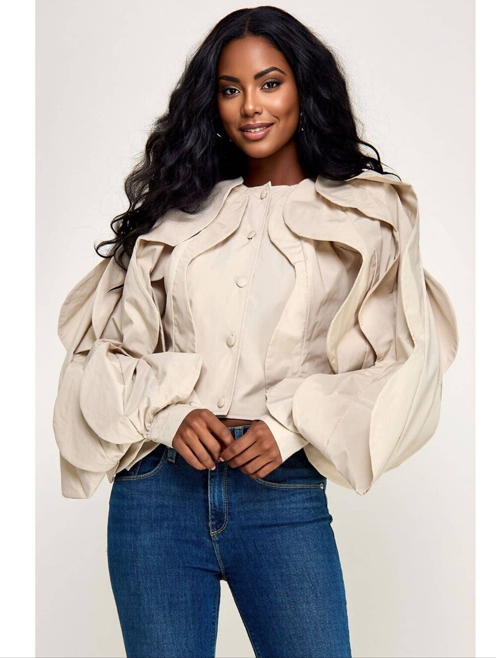 Beige Statement Ruffle Blazer Jacket